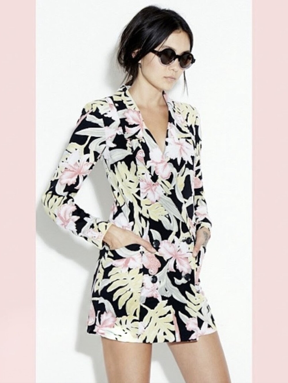 Reformation Black Floral & Parrot Print Long-Sleeve Dress